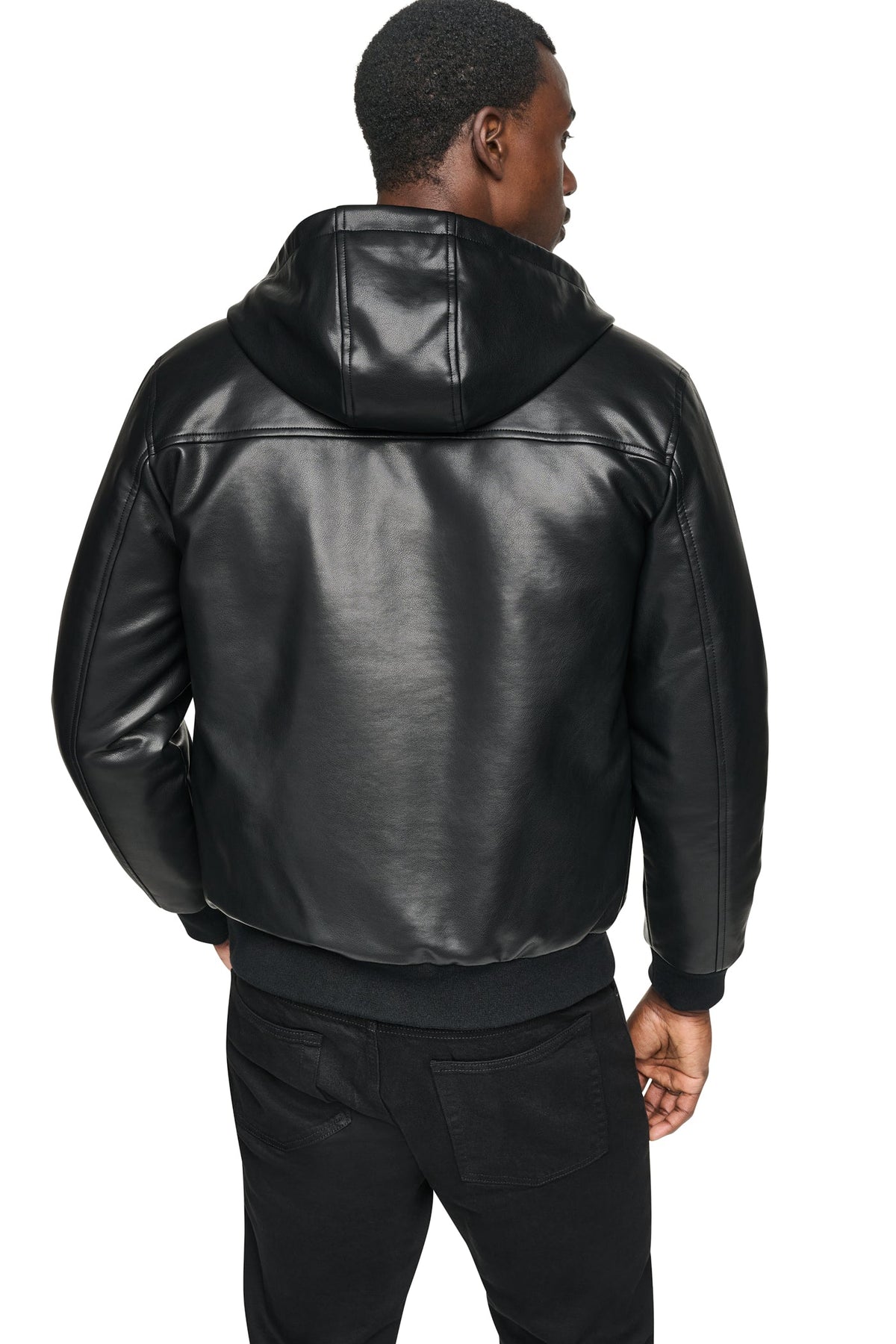 FAUX LEATHER HOODED BOMBER JACET