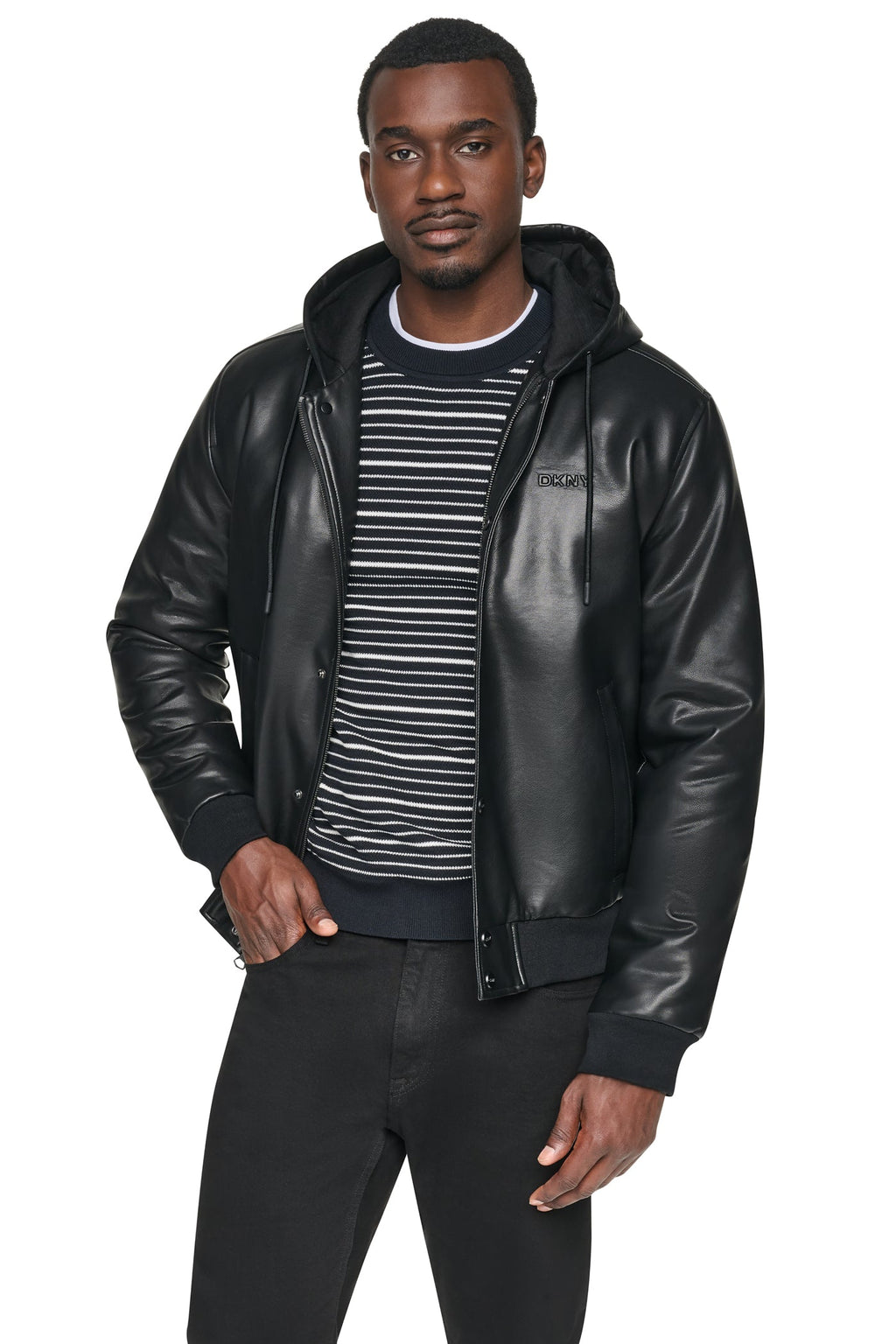 FAUX LEATHER HOODED BOMBER JACET