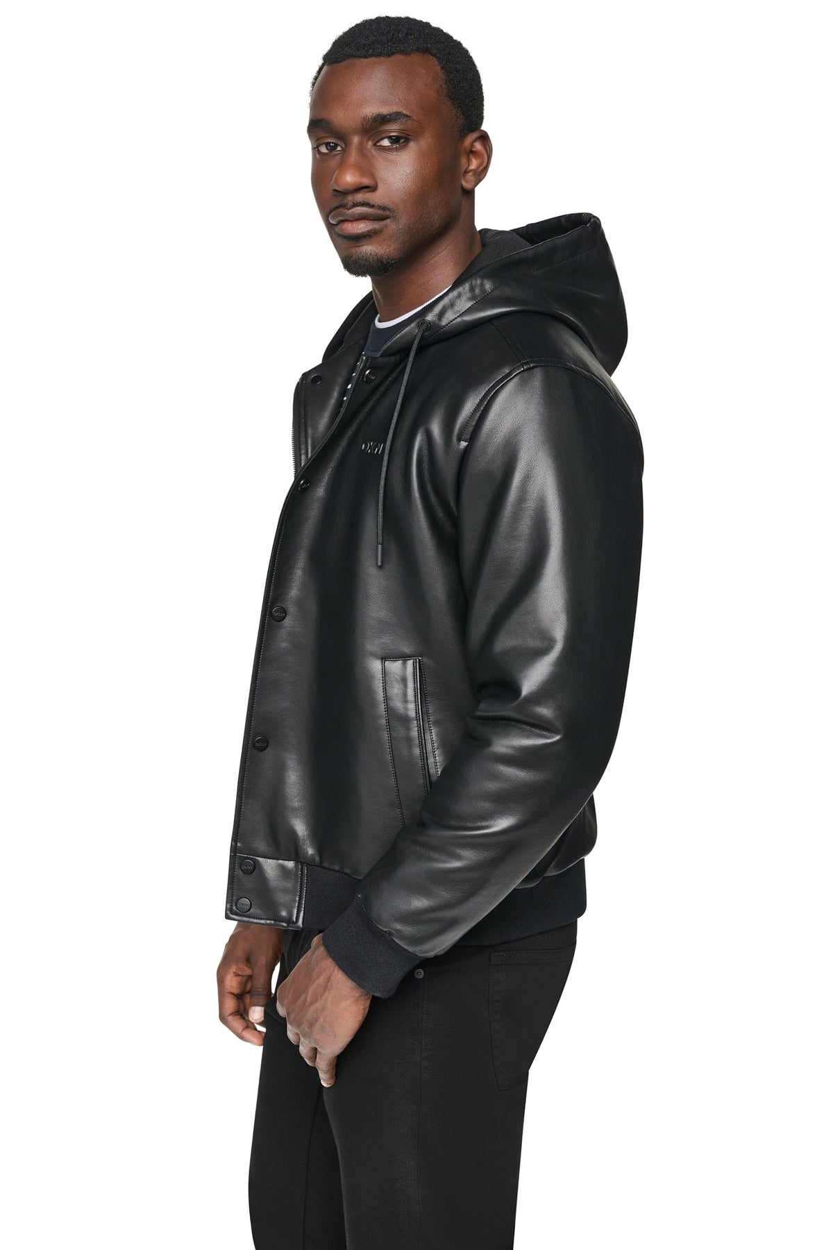 FAUX LEATHER HOODED BOMBER JACET